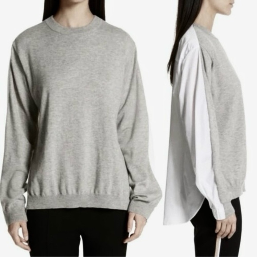 Tibi Mixed Media Merino Wool and Cotton Sweater Top in gray and white size XS